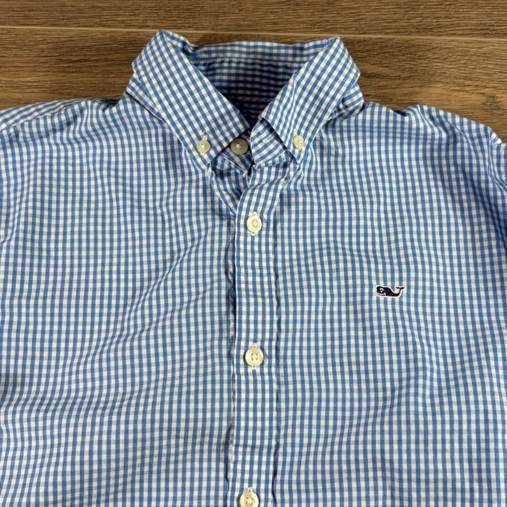 Vineyard Vines Boys Blue Gingham Whale Button Down Shirt Size L 16 100% Cotton